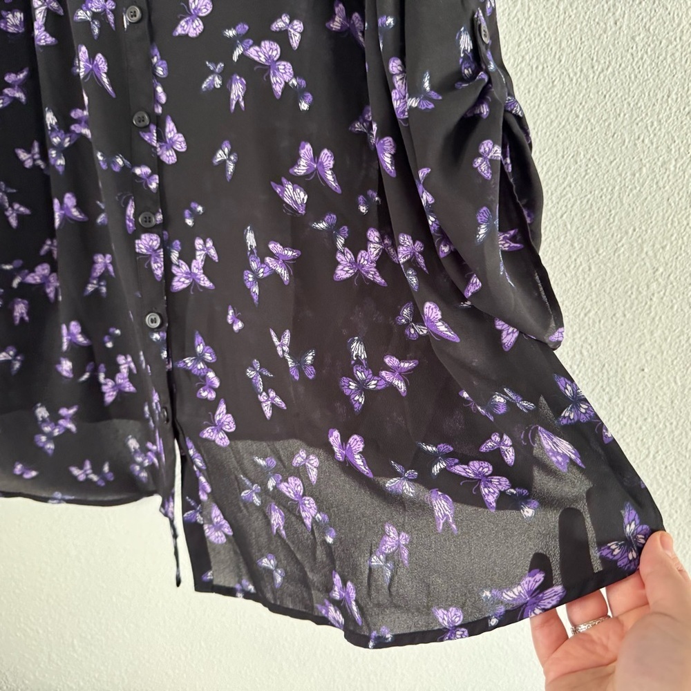 Butterfly Roll Tab Blouse 2X 22/24 Catherines Black Purple Art-to-Wear Shirt Lux - Picture 3 of 9
